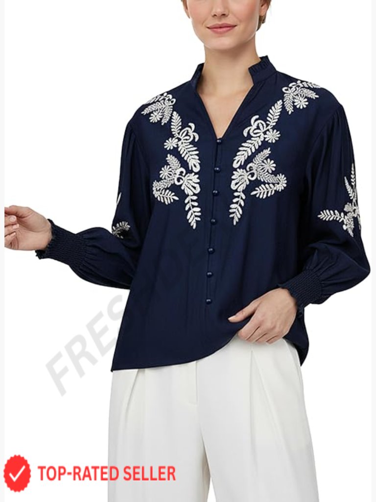 Floral Embroidered Boho Blouse Long Sleeve V-Neck Button Down Shirt